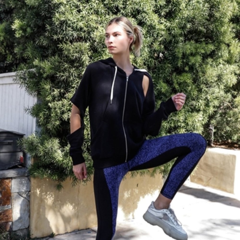 Black Casual Cut-Out Sleeves Zip-Up Hoodie Sweatshirt     sm  med lg